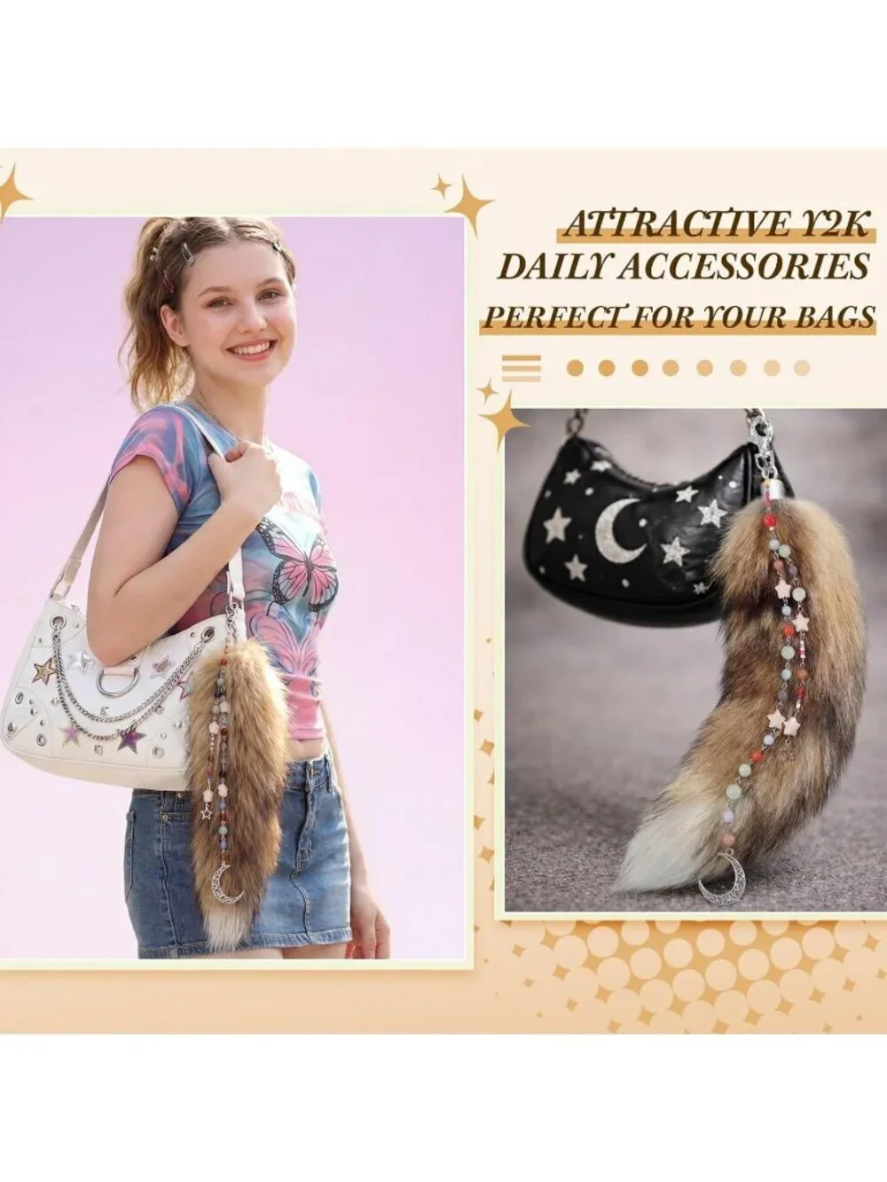 Women's Red Sun 11.8 Inch Fluffy Therian Fox Tail Keychain and Beaded Pendant